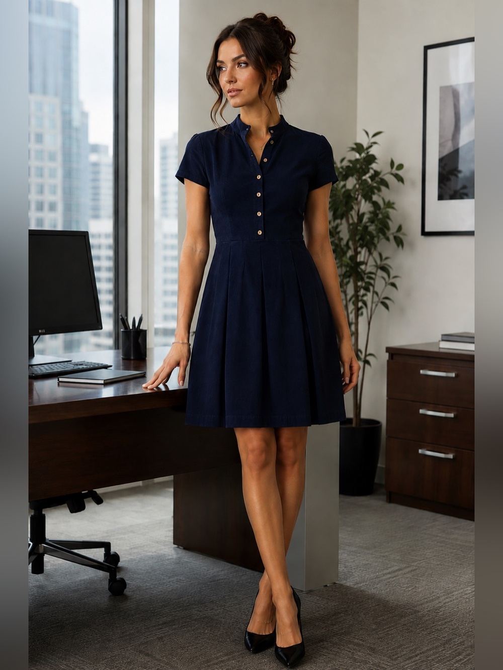 🇨🇦 Jennifer Glasgow Women's Navy Short-Sleeve Button Front Corduroy Dress